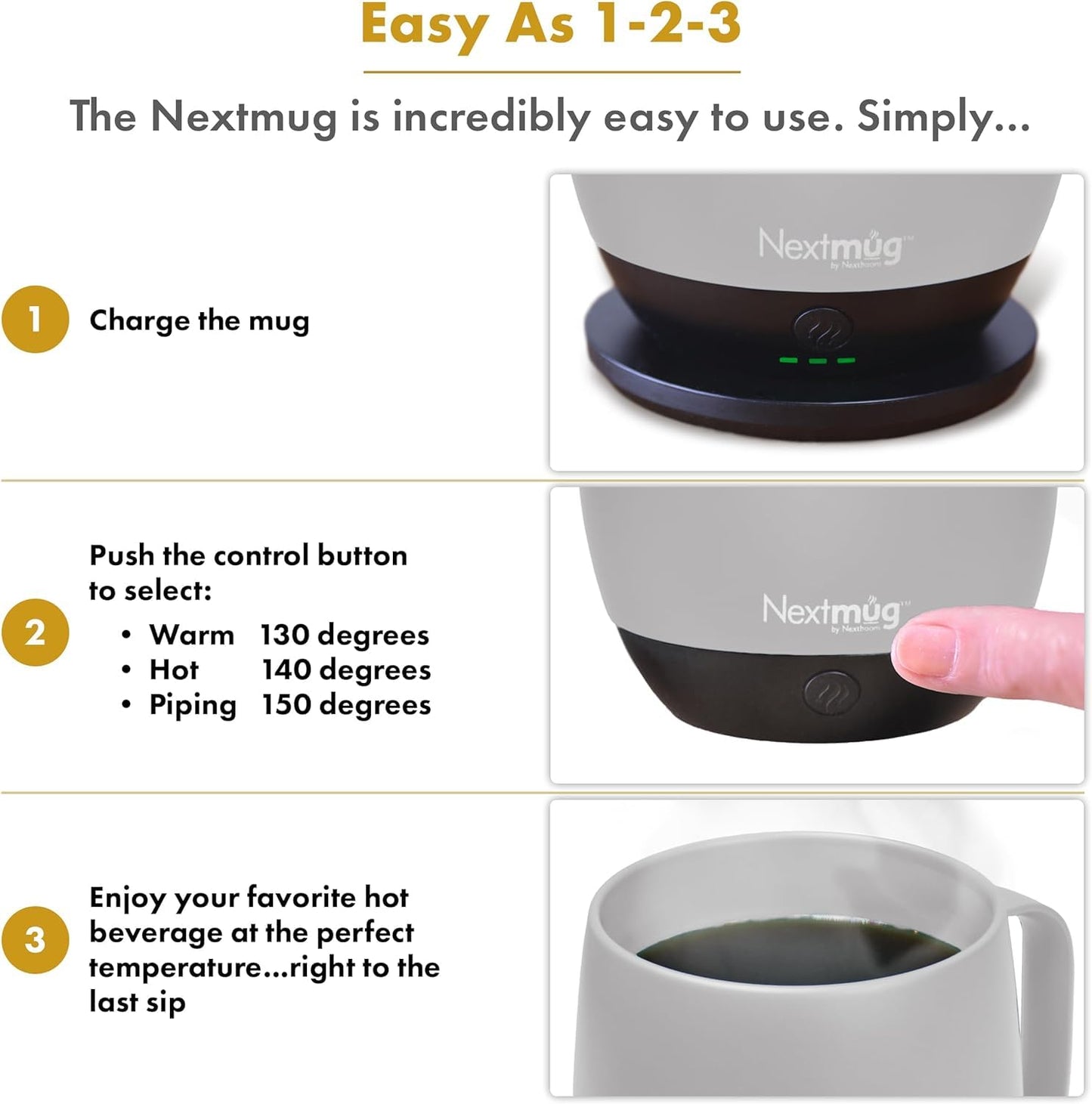 Nextmug - Temperature-Controlled, Self-Heating Coffee Mug - Black