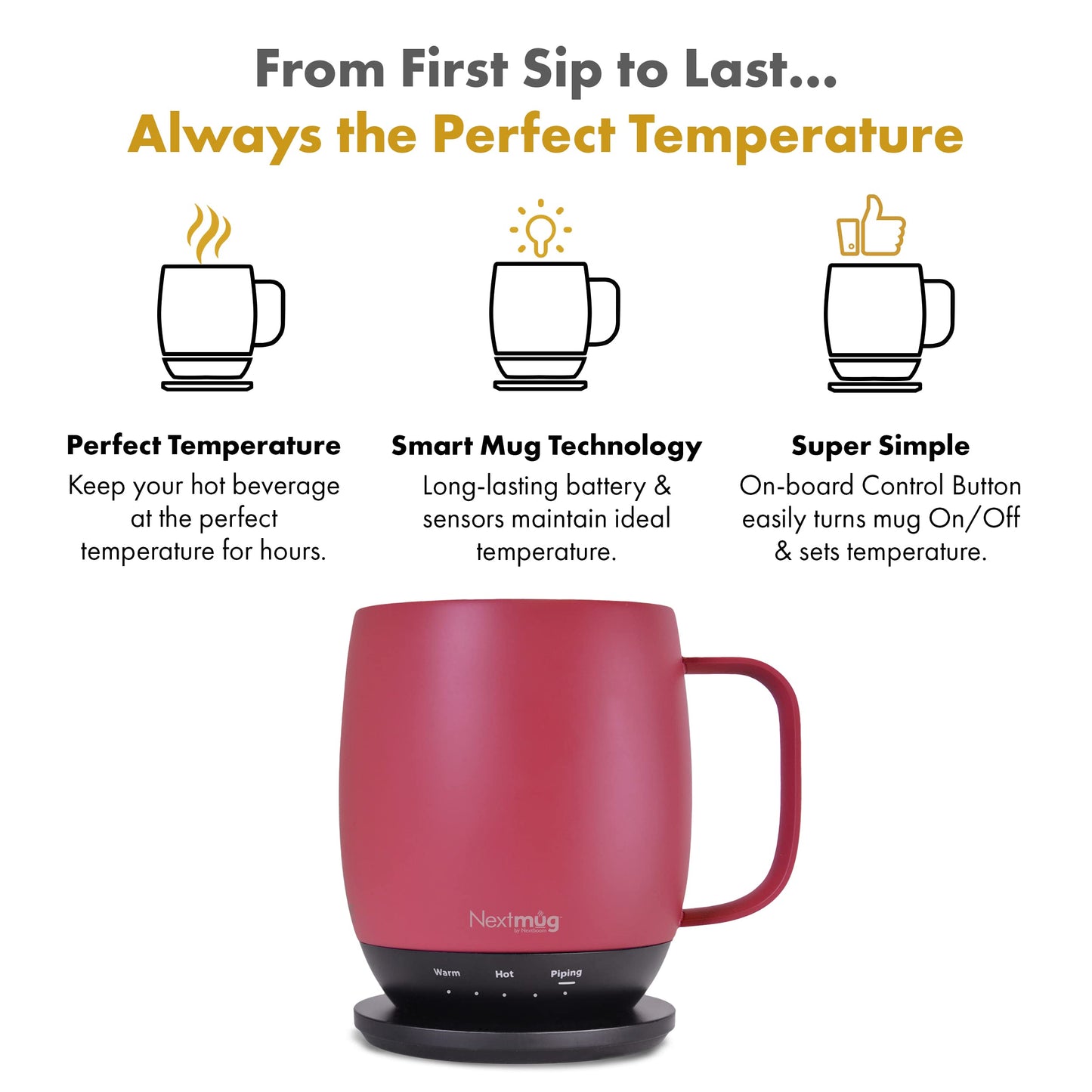 Nextmug - Temperature-Controlled, Self-Heating Coffee Mug - Black