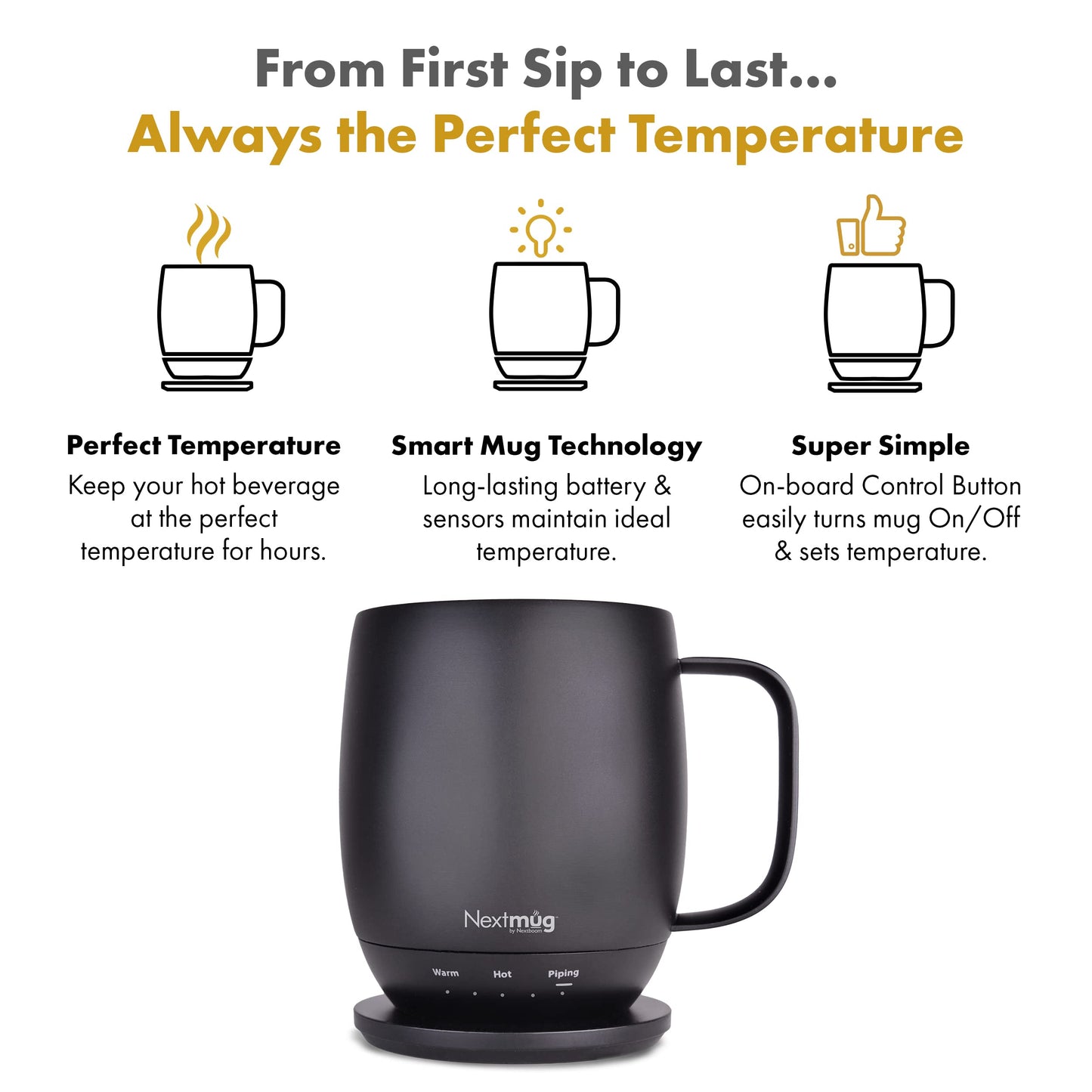 Nextmug - Temperature-Controlled, Self-Heating Coffee Mug - Black