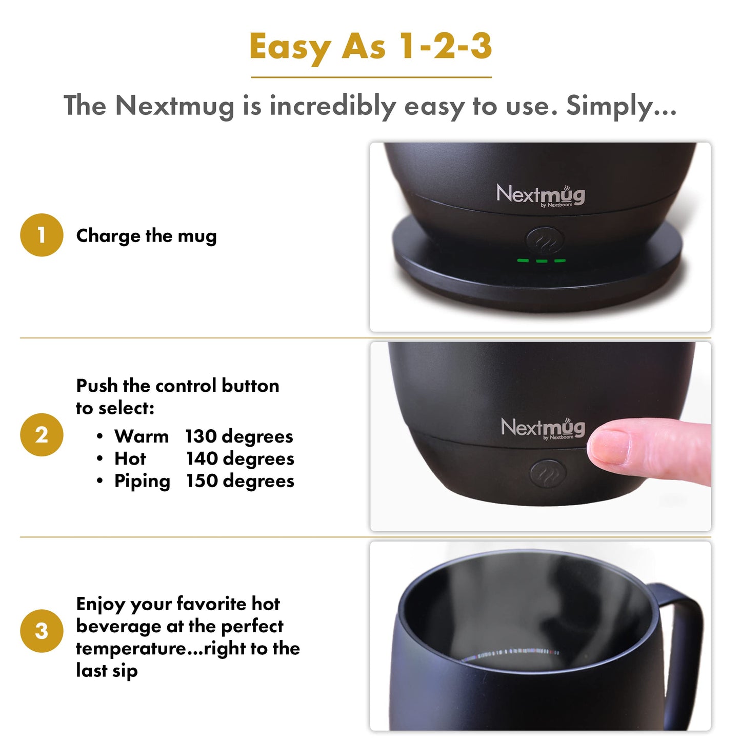 Nextmug - Temperature-Controlled, Self-Heating Coffee Mug - Black